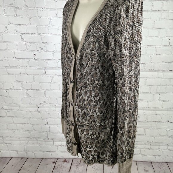 Free People Animal Print Wool Blend 5 Button Front Knit Long Cardigan Sweater L - Picture 9 of 10